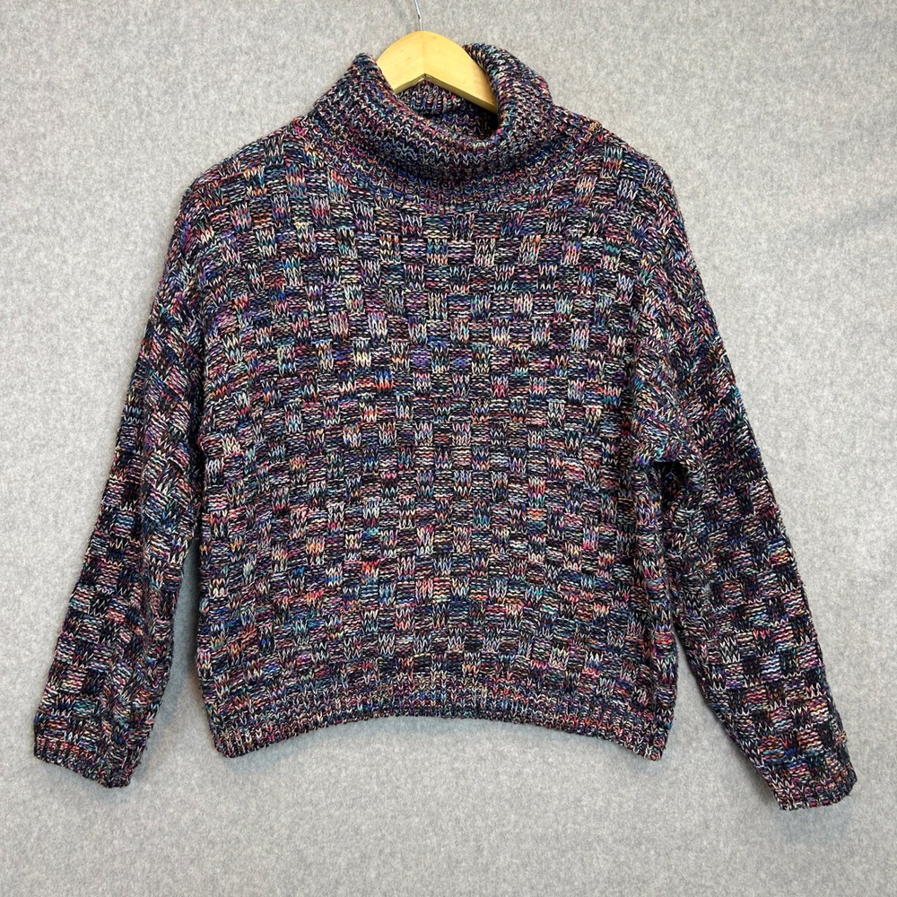 Elodie Womens Small Turtleneck Sweater Multicolor Basketweave Knit Boxy Pullover